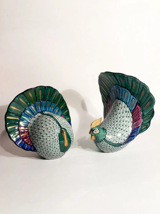 Coppia di pavoni in ceramica dipinti a mano, manifattura artistica Le Porcellane, anni '70 – beeldhouwkunst, Porcelain