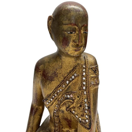 Antique Burmese Monk Statue – Hand-carved Teak Wood with Gold Leaf – 26 cm – Sculpture, Glass (photo 9 of 10)