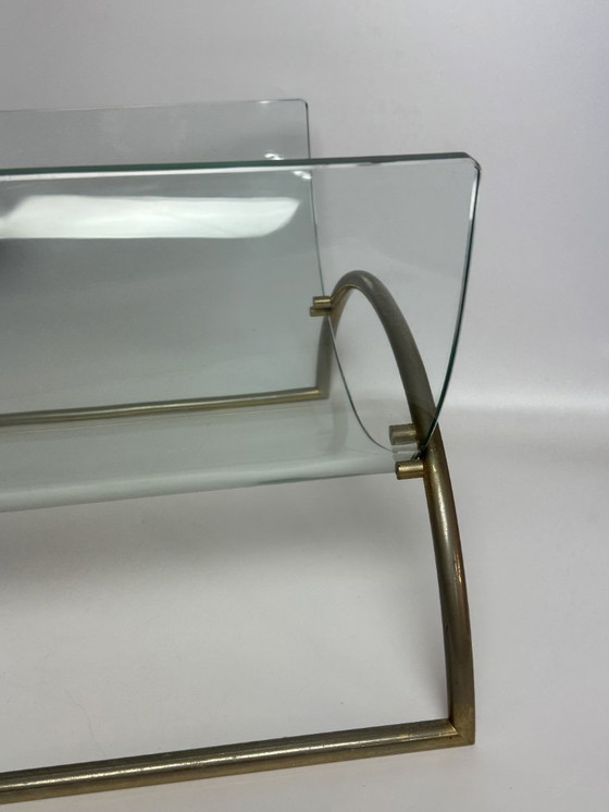 Image 1 of Mid-Century Italian Design Glass and Chrome Magazine Rack with Brass Accdents by Gallotti & Radice, Italy 1970s.
