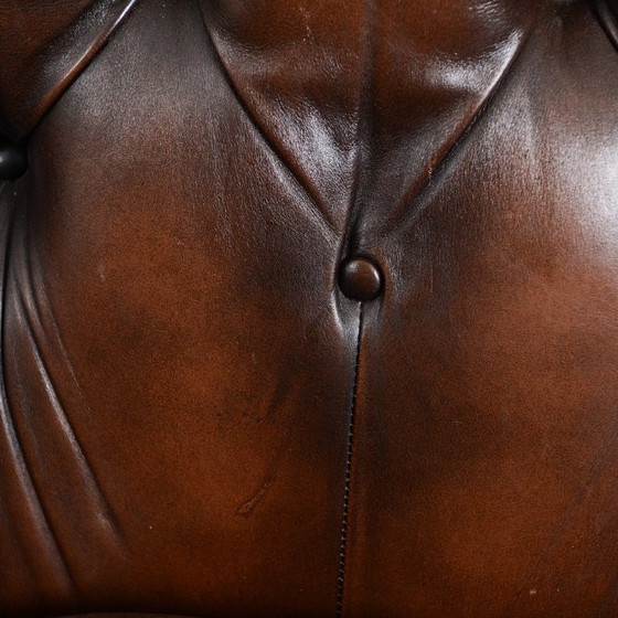 Image 1 of Late 20th Century English-Style Leather Sofa — Pearl Nail Trim & Loose Seat Cushions 