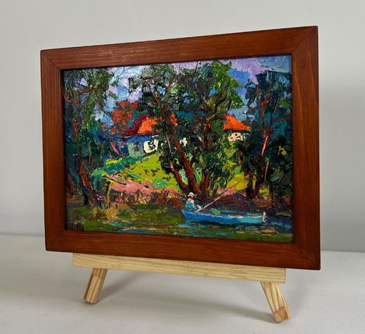 Original Oil Painting Evening River Landscape Fishing in the summer