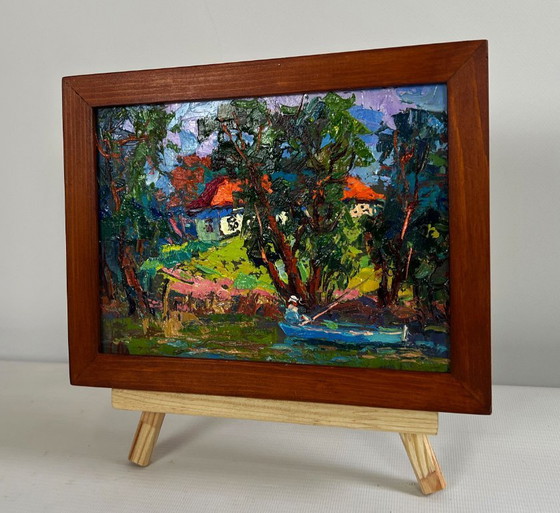 Image 1 of Original Oil Painting Evening River Landscape Fishing in the summer