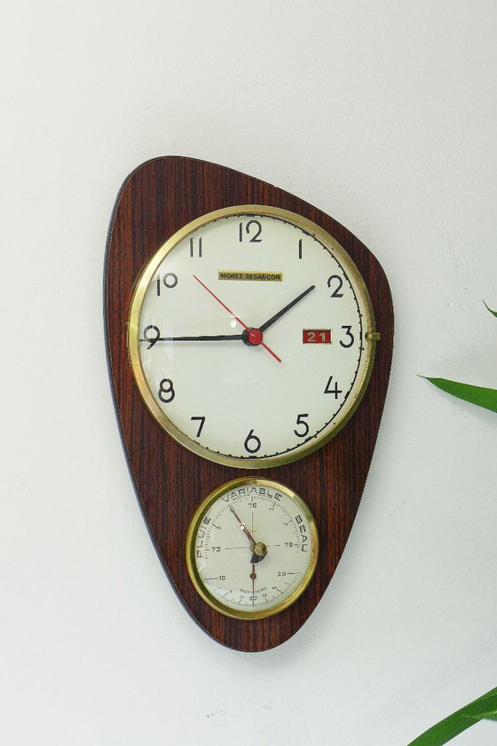 Vintage Wall Clock French Clock with Barometer 60s Retro Space Age Atomic, Morez-Besançon, Wood, Metal, Brown (photo 8 of 9)