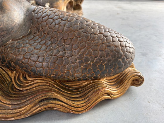Vintage Gilt Wood Mermaid Coffee Table, 1960s - Italy, Glass, Brown (photo 4 of 13)