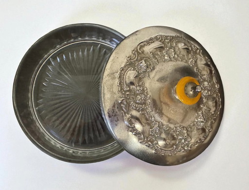 Antiker Bonbonhalter aus Glas und versilbert