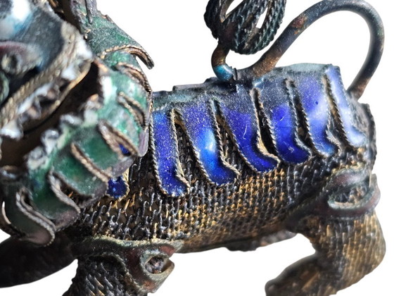Image 1 of Foo (Fu) dogs -  Filigraan - Emaillen -  cloisonné - miniatuur -  zilver - verguld  ~ 3 stuks - Chinese sieraden ~ 20e eeuw