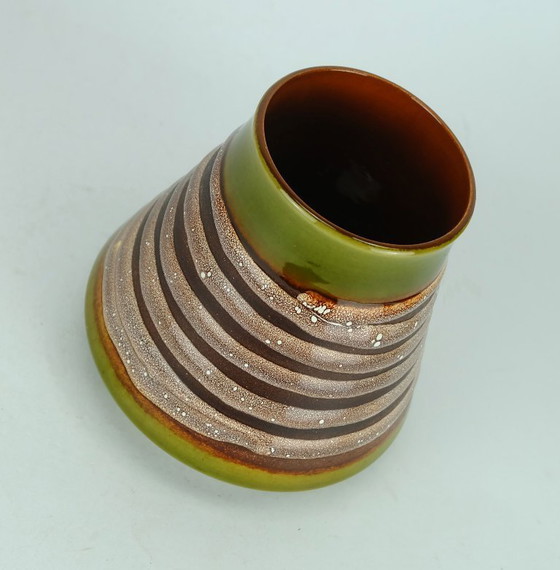 Image 1 of vintage mid century fohr keramik VASE model 130 15 olive green with stripe pattern
