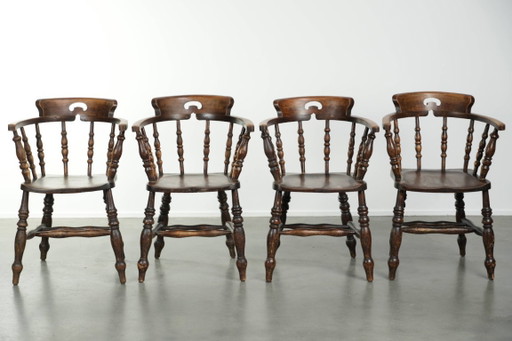 4 x Antique wooden English pub/captain chairs from the late 19th century with character
