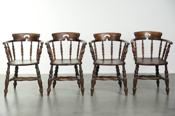 Image 1 of 4 x Antique wooden English pub/captain chairs from the late 19th century with character
