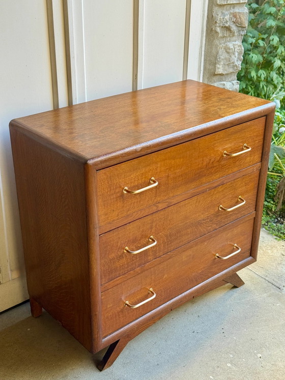 50s/60s Vintage Wooden Dresser with Compass Legs, Chest of drawers, Gold, Mid Century Modern (photo 3 of 17)