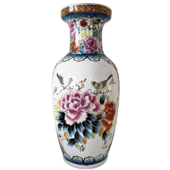 Image 1 of Chinese hand-painted porcelain vase XL flowers vintage 1960s