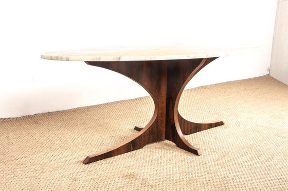 Image 1 of Oval coffee table in Carrara marble and rosewood by Hugues Poignant 1960.