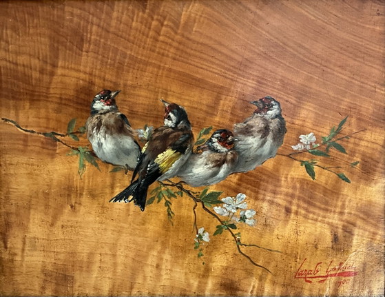 Image 1 of Gabriel Cazals (1900) – Oil on Wood Panel – Four Goldfinches – Signed
