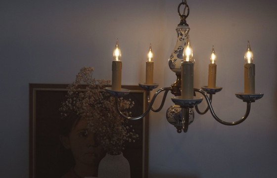 Image 1 of Antique Delft Blue Porcelain Chandelier Dutch Ceramic Ceiling Light Blue White Farmhouse Cottagecore Lighting