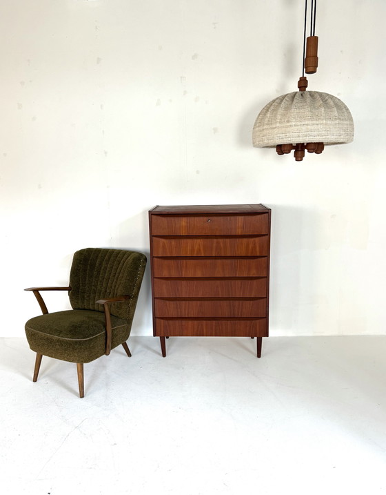 Image 1 of Vintage XL teak & wool pendant lamp, Domus '70