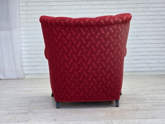 Image 1 of Fauteuil relax danois des années 1950, laine rouge pour meubles, bois de chêne.