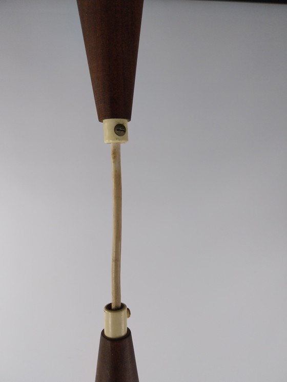 Image 1 of 1 lampada da sospensione in vetro e teak Louis Kalff per Philips degli anni '60