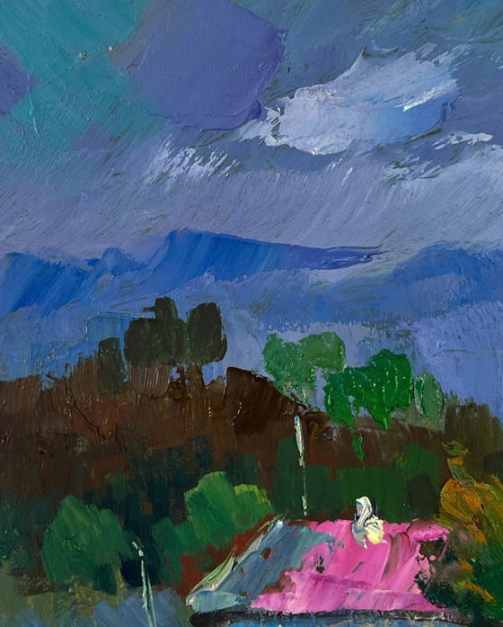 Image 1 of Original Oil Painting Summer Village Landscape Harmony of nature and human labor