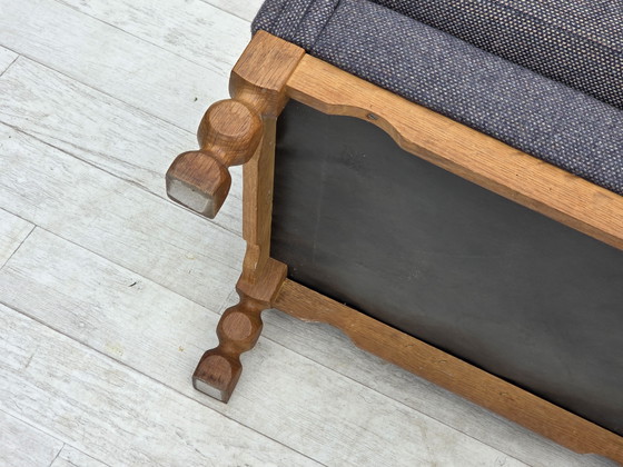 Image 1 of 1970er Hochlehner dänischer Sessel mit Fußhocker, Möbel Wollstoff, Eichenholz massiv