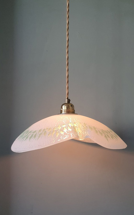 Grande (30cm) Suspension Vintage en Verre en forme de feuille – Métal (photo 6 of 20)