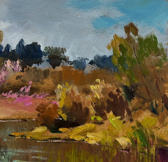 Image 1 of Original Oil Painting Autumn Lake Landscape Preparing for a boat trip