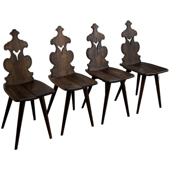 Image 1 of Set Of 4 Vintage Brutalist Tyrolean Chairs (1950s–60s, Solid Oak)