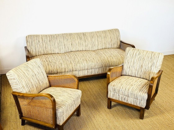 Image 1 of Vintage Art Deco woonkamerset van gebogen hout en riet, 1950, set van 3