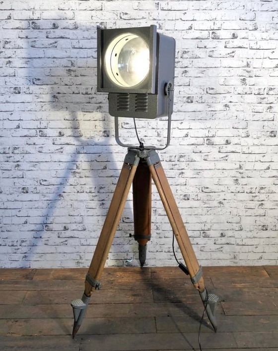 Image 1 of Vintage Grey Theater Spotlight on Wooden Tripod, 1980s