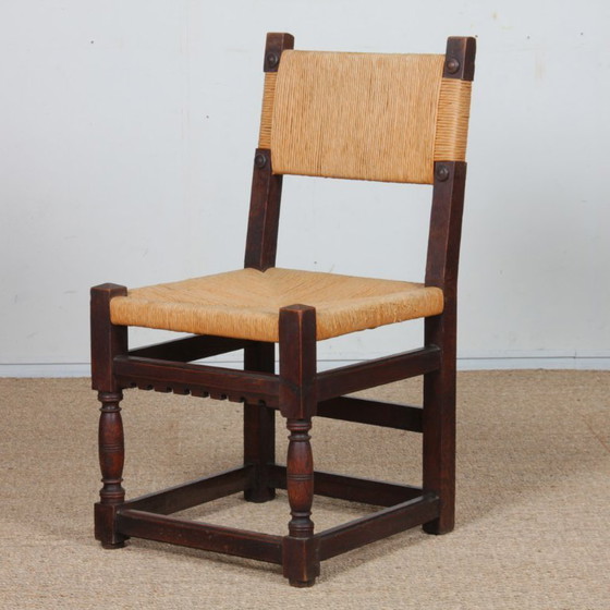 Image 1 of Set of 4 straw-seated chairs in solid oak, 1950