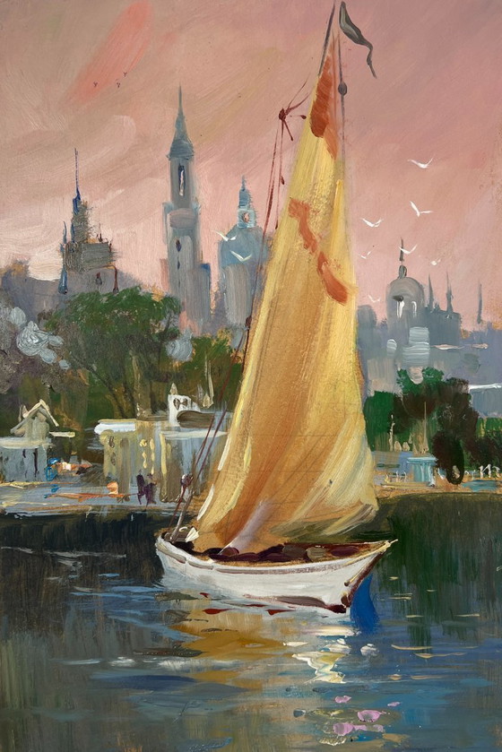 Image 1 of Origineel olieverfschilderij: Avondkustlandschap. De stad is stil, de boot vaart.