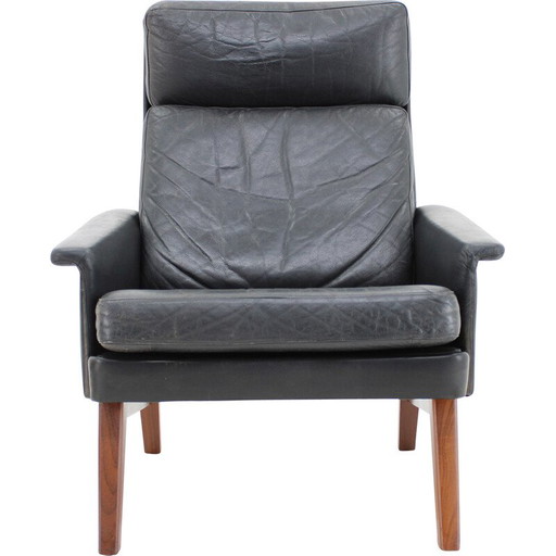 Fauteuil vintage à haut dossier en cuir et teck, Danemark 1970