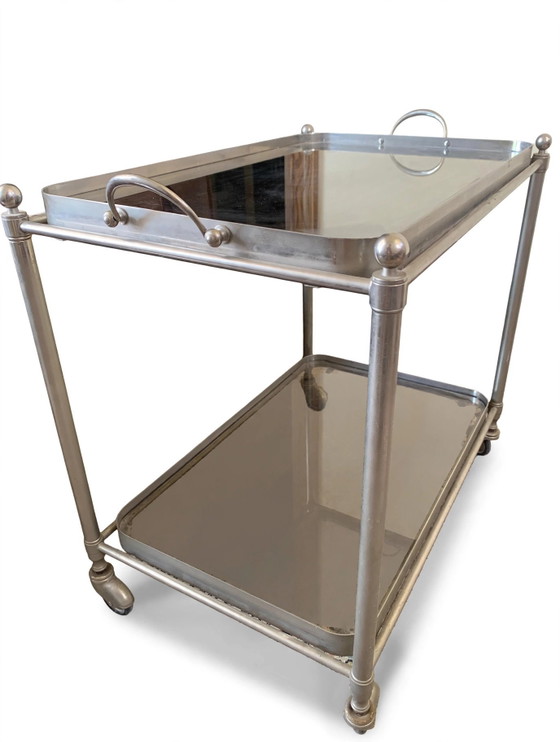 Carrello Bar Vintage in Metallo Argentato e Vetro Fumé - Stile Maison Jansen, Anni '70 - Neoclassico (photo 6 of 9)