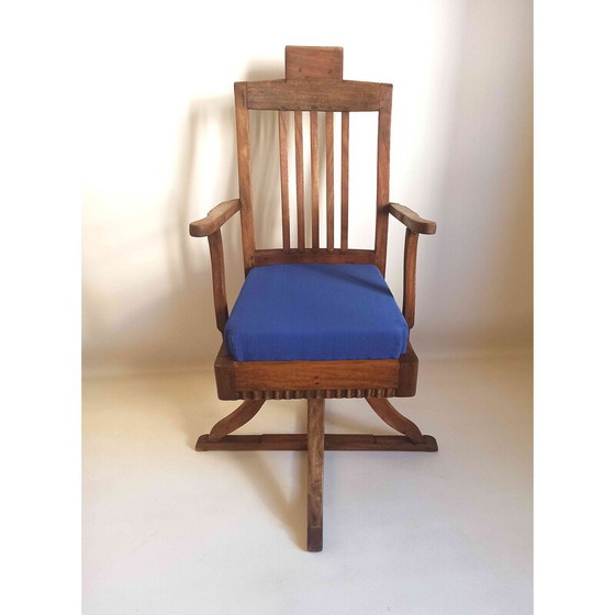 Image 1 of Vintage barber chair in solid teak and blue fabric, 1930