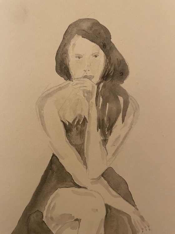 Image 1 of Watercolor Sepia Portrait of a Woman "La Robe Noire" (The Black Dress)