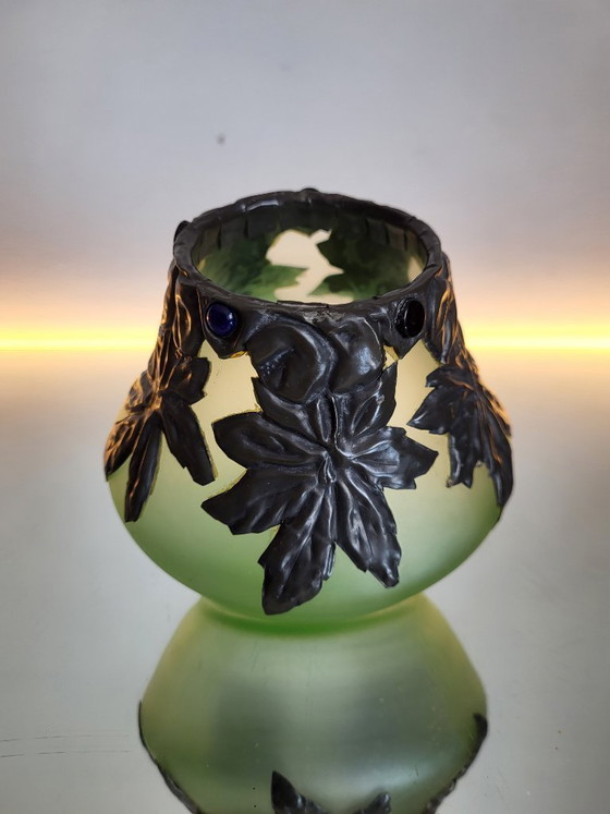 Image 1 of Art Nouveau Loetz vase with green glass, pewter mount, floral decoration