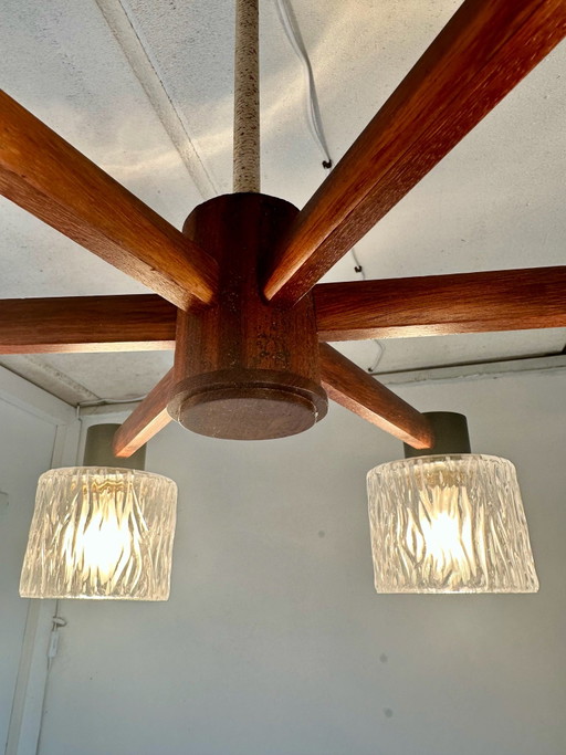 Mid Century Danish Design Teak Ceiling light with Ice Glass