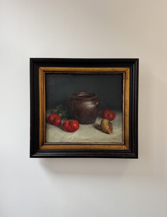 Image 1 of Still life painting, oil on antique canvas