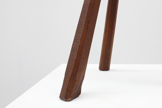 Image 1 of Brutalist French solid oak tripod stool with metal rim, 1850s