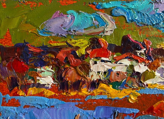 Image 1 of Original Oil Painting Winter Village Landscape Frosty day in the field