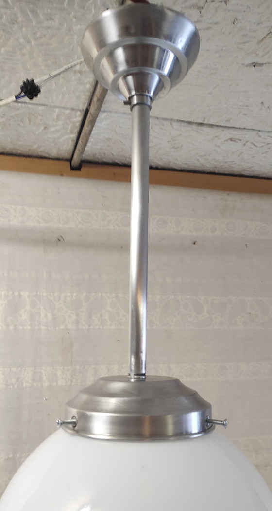 Image 1 of Bauhaus style pendant light in aluminum and opaline globe diam. 25 cm - mid. 20th century 