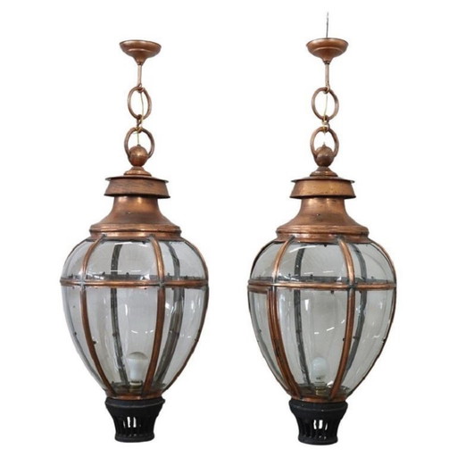 Very Large Copper and Glass Lanterns, Italy 1940s, Set of 2