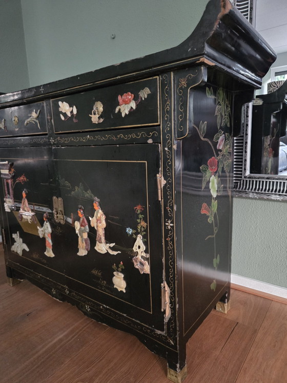 Antique Chinese Cabinet with Paintings and Soapstone – Sideboard, Wood (photo 4 of 15)