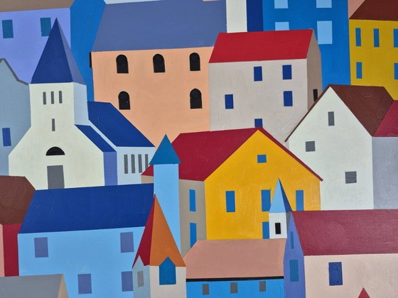 Image 1 of Paisaje urbano abstracto "Casas llenas" - pintura en color sobre MDF de Franklin van Dam (95x95 cm)