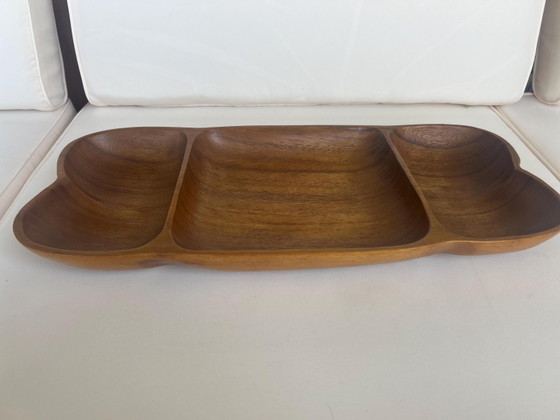 Vintage Wood Serving Bowl XXL 44 cm | Hand-carved Mid Century Snack Bowl with 3 Compartments | Teak Wood (photo 4 of 11)