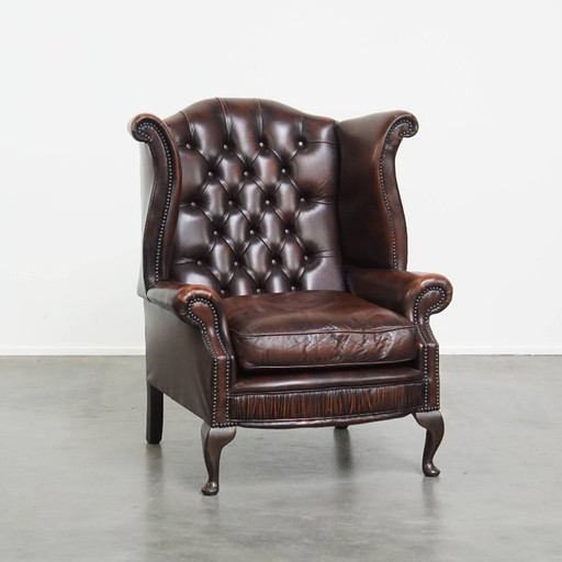 Chesterfield Ohrensessel aus braunem Rindsleder