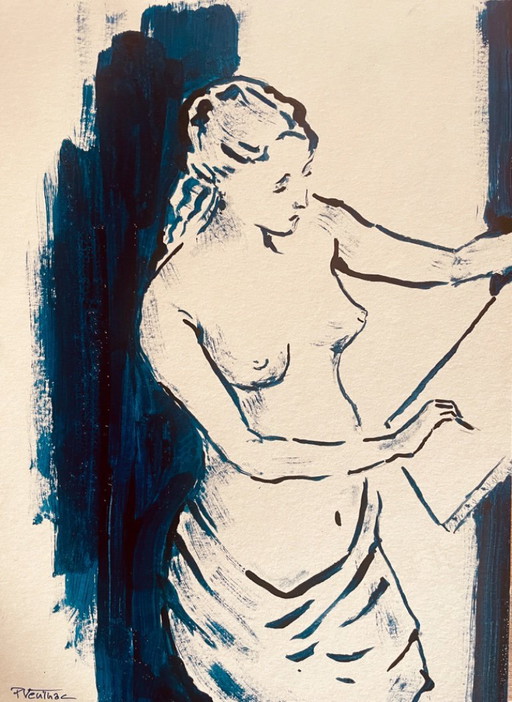 Indigo Blue Ink Painting "Female Model Drawing in the Painter's Studio"