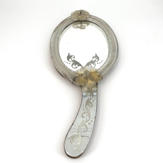 Image 1 of Venetiaanse Murano handspiegel/wandspiegel met glazen bloemen, Italië jaren 1940/50