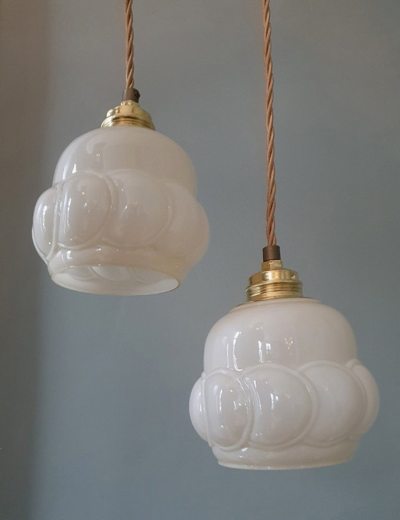Image 1 of Vintage Hanglamp - Opaline Glas Met Bolpatroon - Gedraaid Textielsnoer