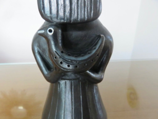 Ceramica nera opaca raffigurante una figura femminile tribale.