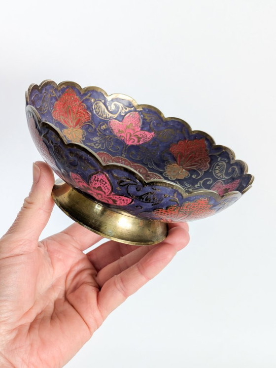Vintage Brass Peacock Bowl, India Painted Enamel, Scalloped Footed Dish (photo 12 of 14)